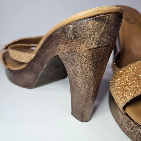 Vintage Schutz Native Wooden Platform '70s Vibe Glitter Cross Front Sandals 7 - Picture 5 of 7